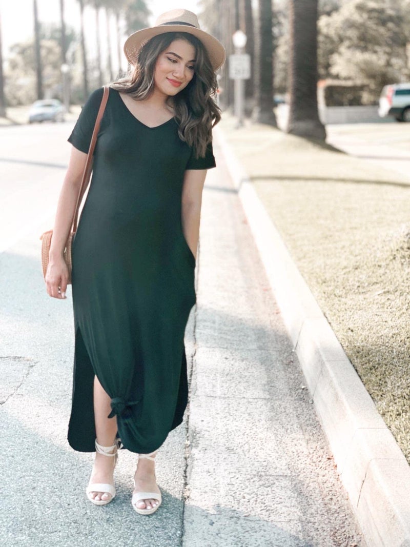 GRECERELLE Women's Maxi Dress Summer Casual Loose Side Split Short Sleeve V Neck Long Dresses with Pockets, Dark Green, Large - Image 3